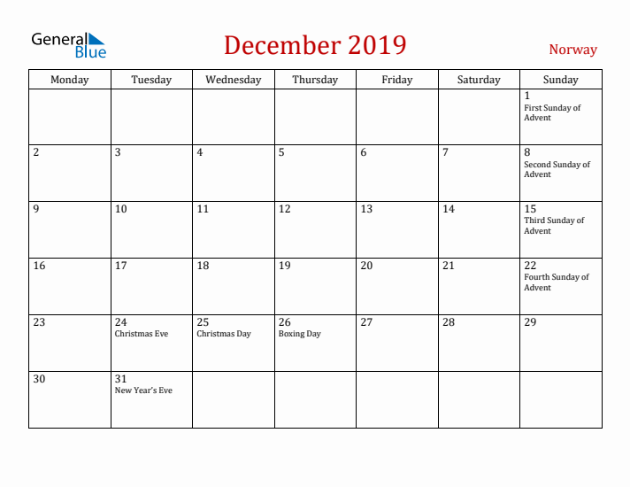 Norway December 2019 Calendar - Monday Start