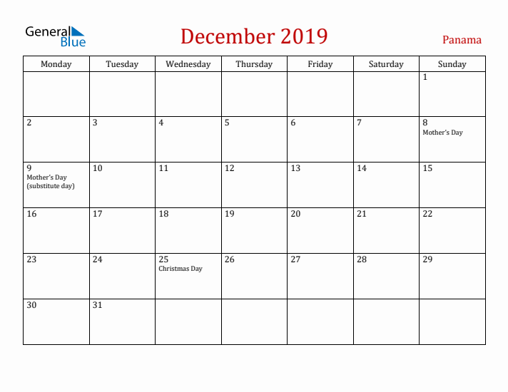 Panama December 2019 Calendar - Monday Start