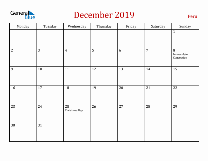 Peru December 2019 Calendar - Monday Start