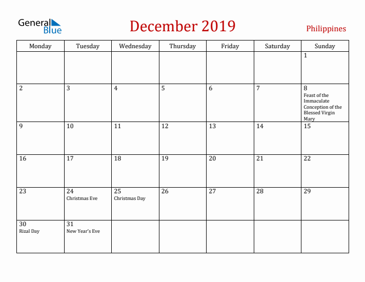 Philippines December 2019 Calendar - Monday Start
