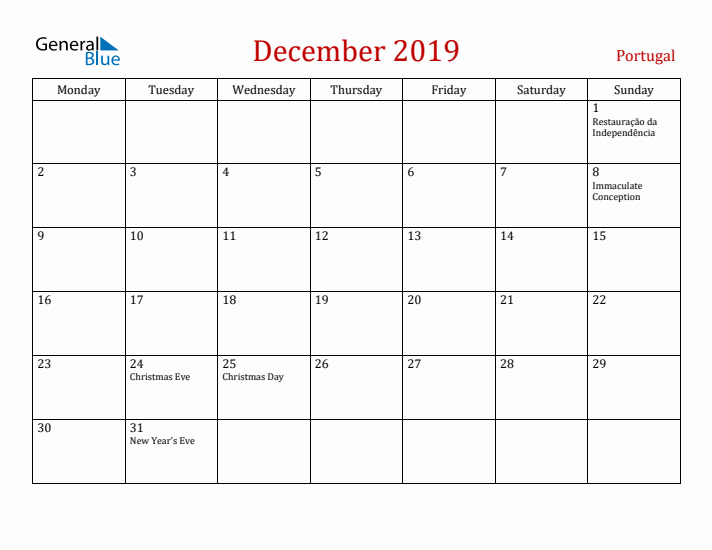 Portugal December 2019 Calendar - Monday Start