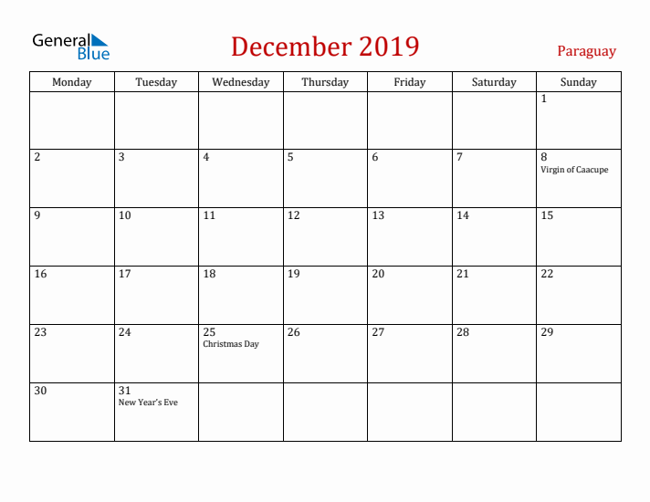 Paraguay December 2019 Calendar - Monday Start