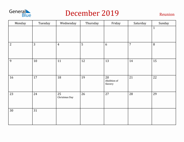 Reunion December 2019 Calendar - Monday Start