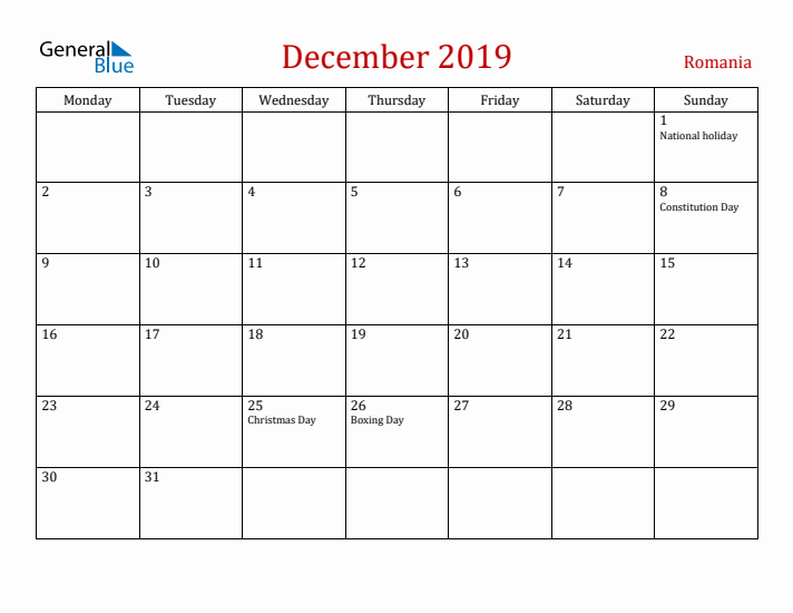 Romania December 2019 Calendar - Monday Start