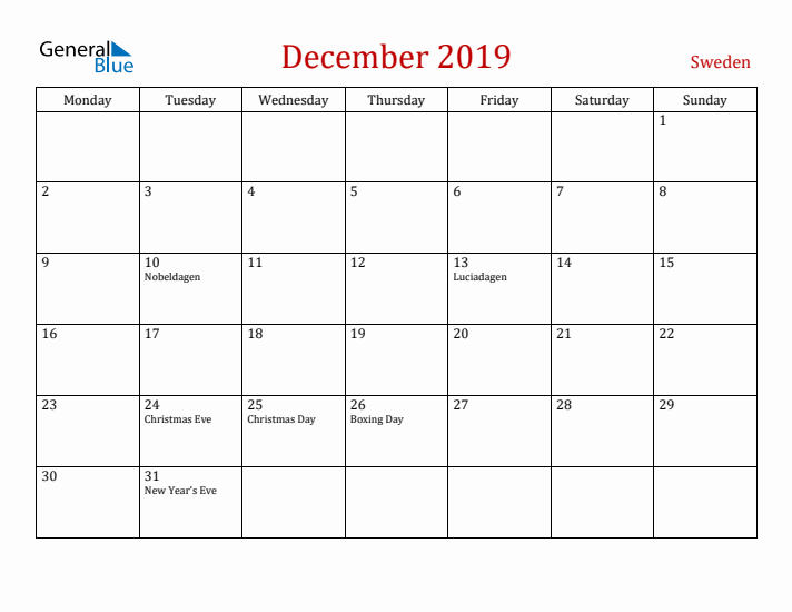 Sweden December 2019 Calendar - Monday Start