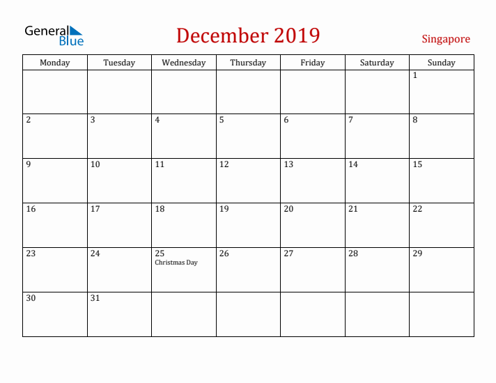 Singapore December 2019 Calendar - Monday Start