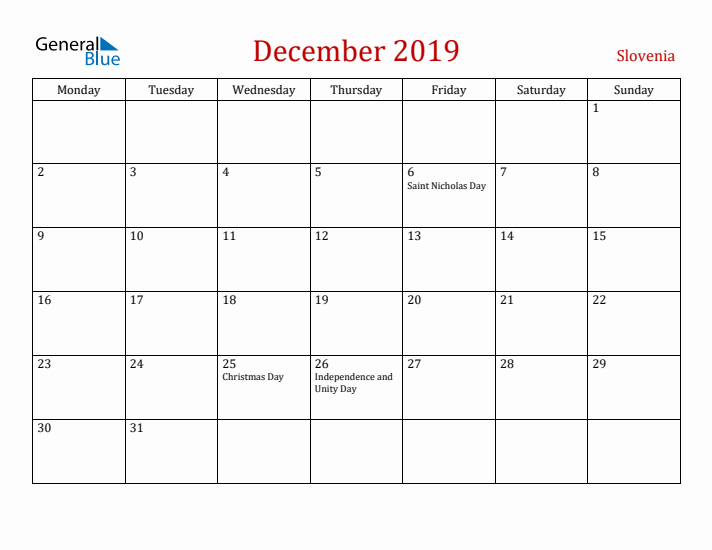 Slovenia December 2019 Calendar - Monday Start