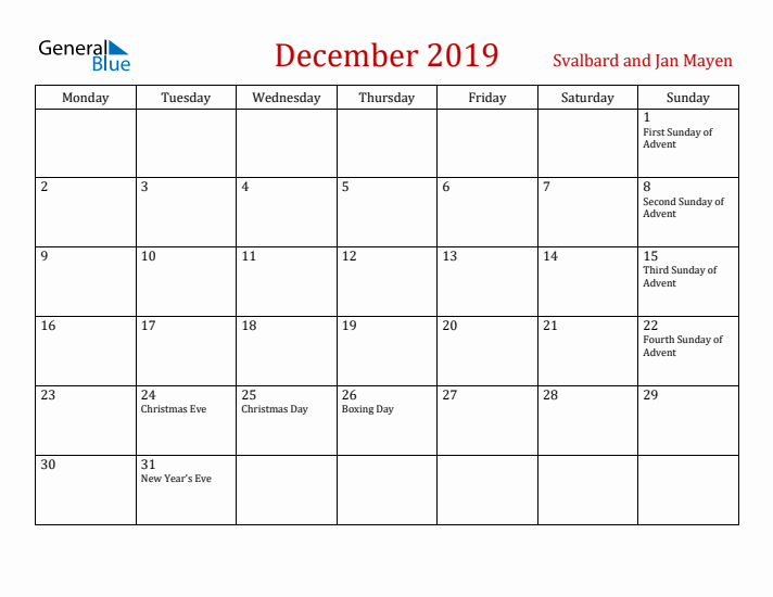 Svalbard and Jan Mayen December 2019 Calendar - Monday Start
