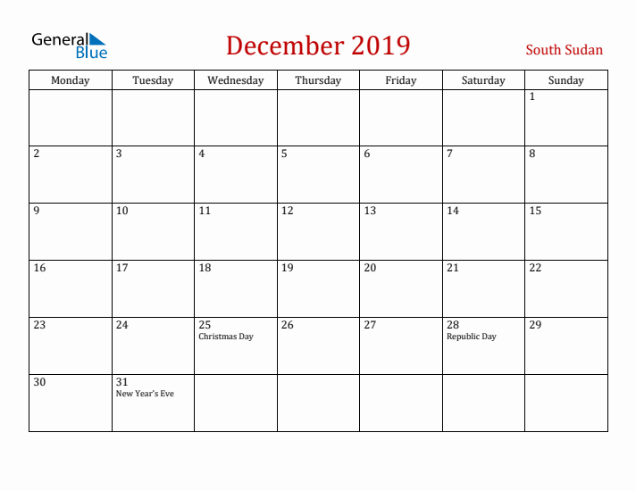 South Sudan December 2019 Calendar - Monday Start