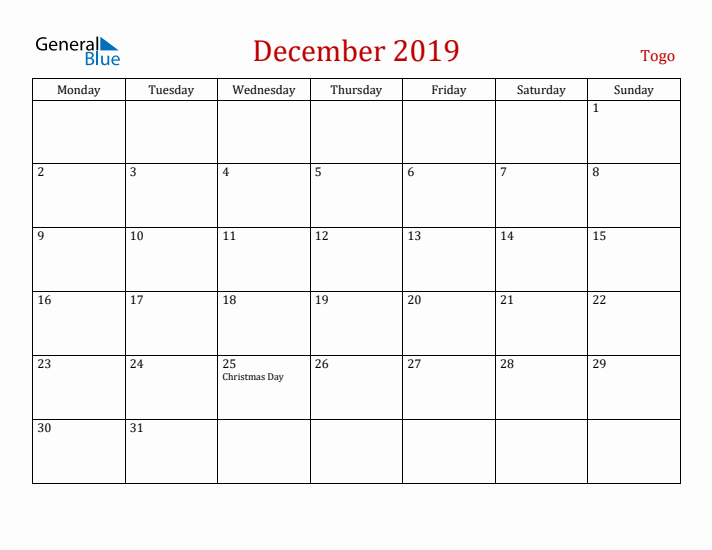 Togo December 2019 Calendar - Monday Start