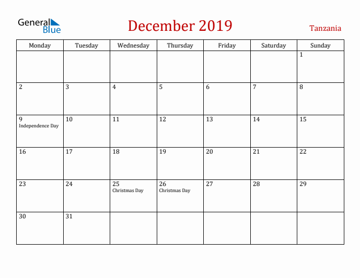 Tanzania December 2019 Calendar - Monday Start
