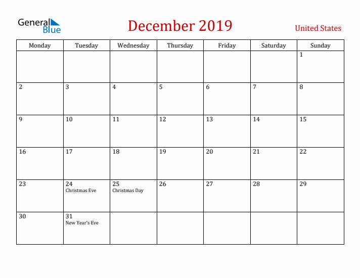 United States December 2019 Calendar - Monday Start