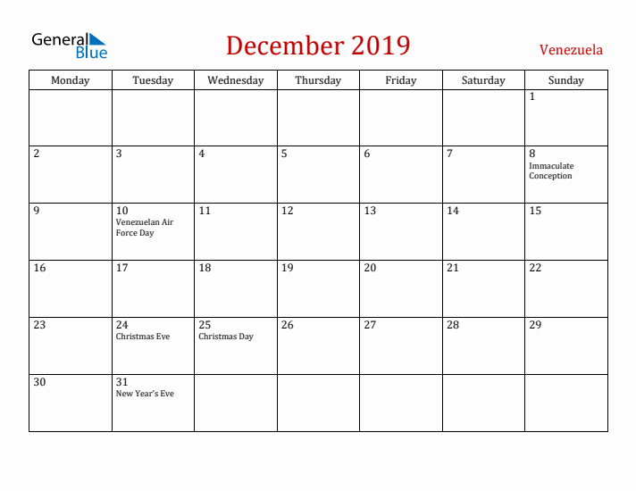 Venezuela December 2019 Calendar - Monday Start