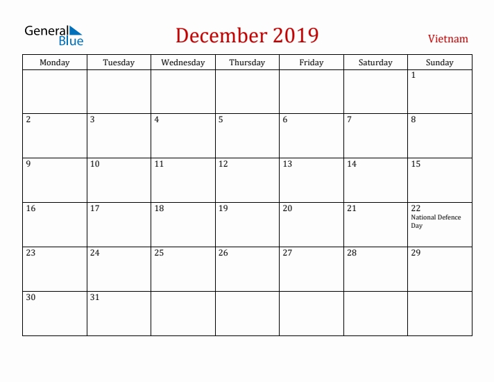 Vietnam December 2019 Calendar - Monday Start