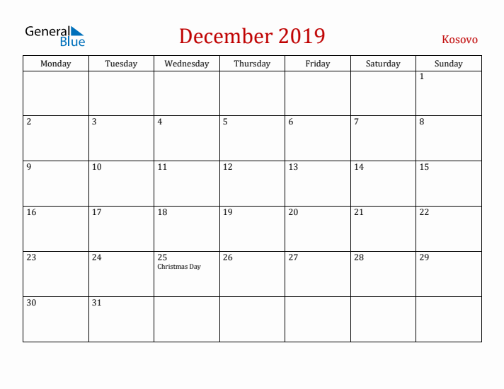 Kosovo December 2019 Calendar - Monday Start