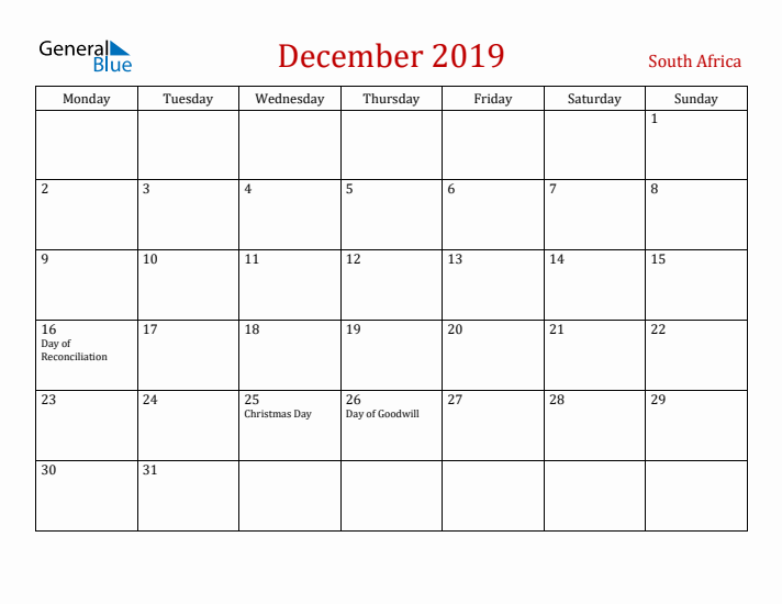 South Africa December 2019 Calendar - Monday Start