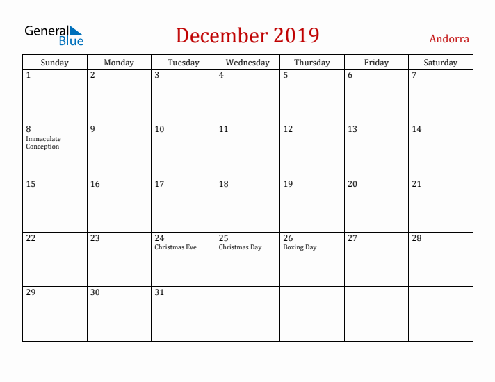 Andorra December 2019 Calendar - Sunday Start