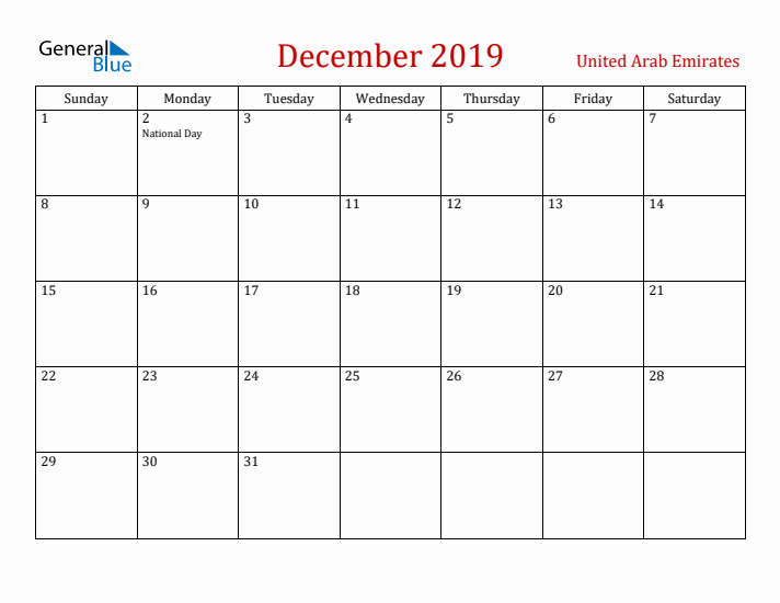 United Arab Emirates December 2019 Calendar - Sunday Start