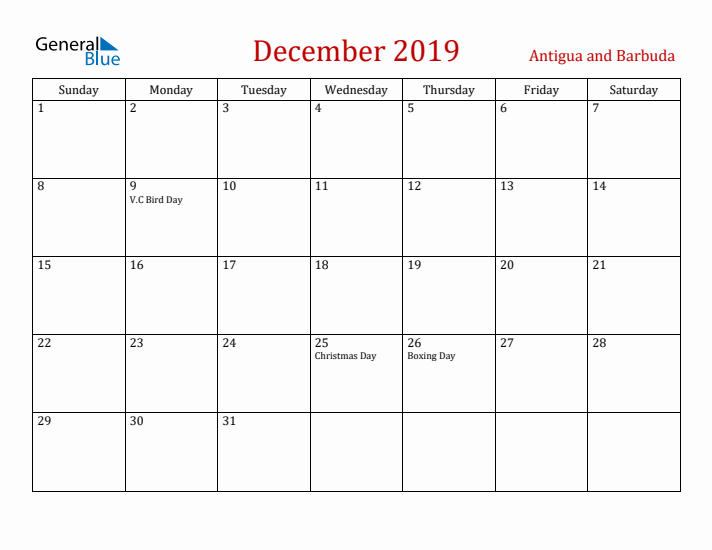Antigua and Barbuda December 2019 Calendar - Sunday Start