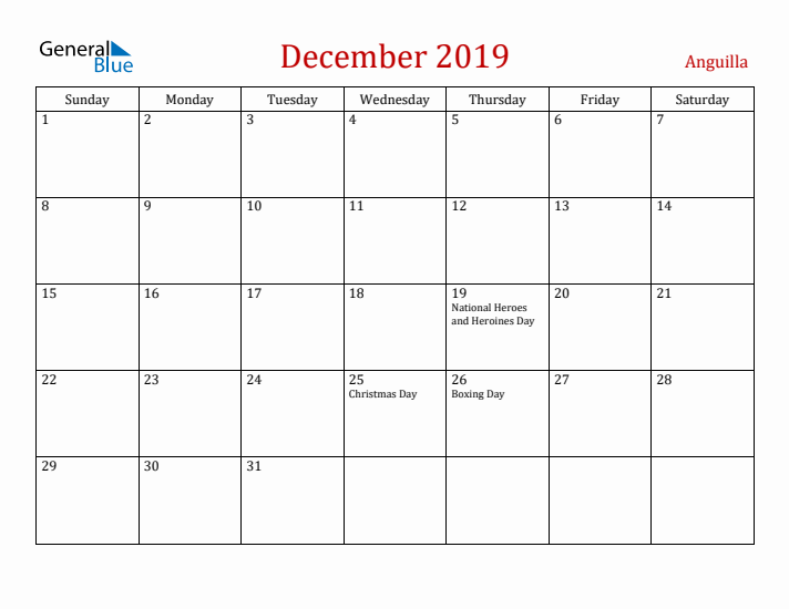 Anguilla December 2019 Calendar - Sunday Start