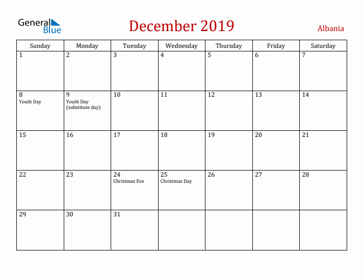 Albania December 2019 Calendar - Sunday Start