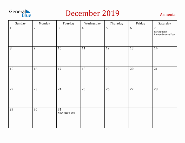 Armenia December 2019 Calendar - Sunday Start
