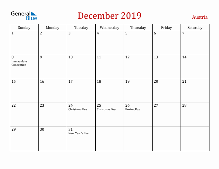 Austria December 2019 Calendar - Sunday Start