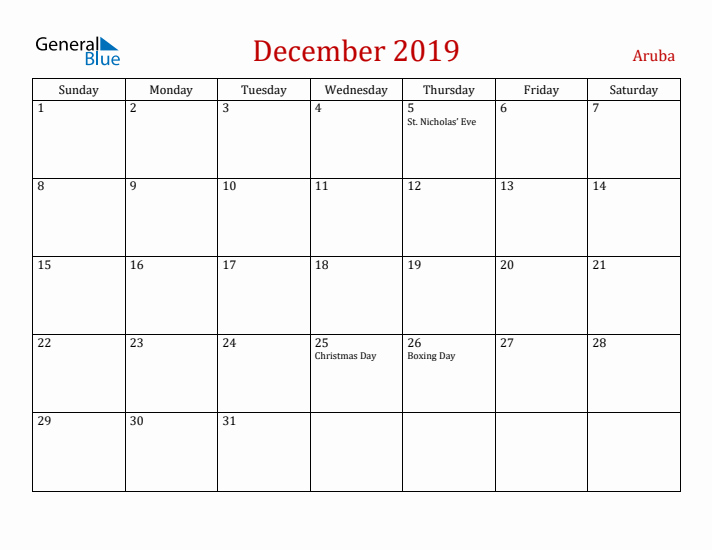 Aruba December 2019 Calendar - Sunday Start
