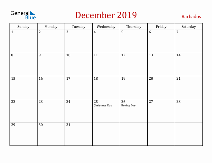 Barbados December 2019 Calendar - Sunday Start
