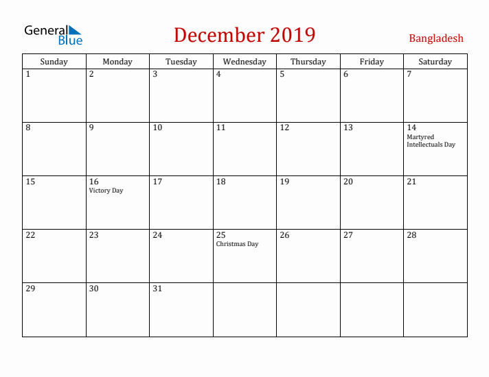 Bangladesh December 2019 Calendar - Sunday Start