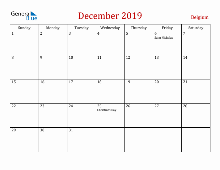 Belgium December 2019 Calendar - Sunday Start