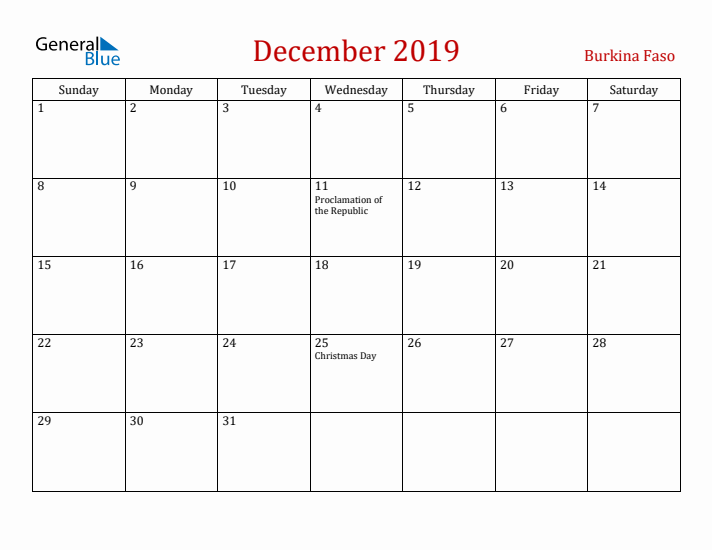 Burkina Faso December 2019 Calendar - Sunday Start