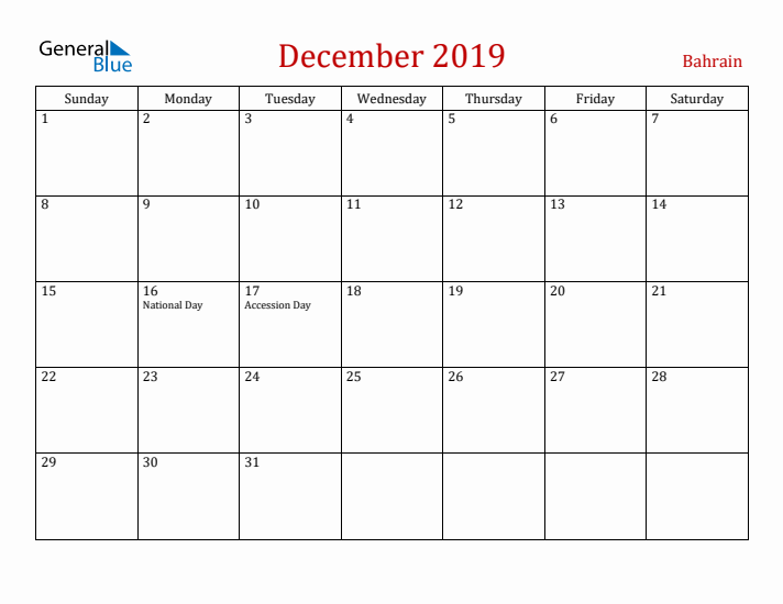 Bahrain December 2019 Calendar - Sunday Start