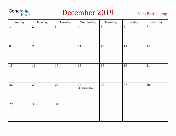 Saint Barthelemy December 2019 Calendar - Sunday Start