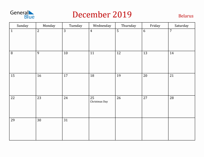 Belarus December 2019 Calendar - Sunday Start