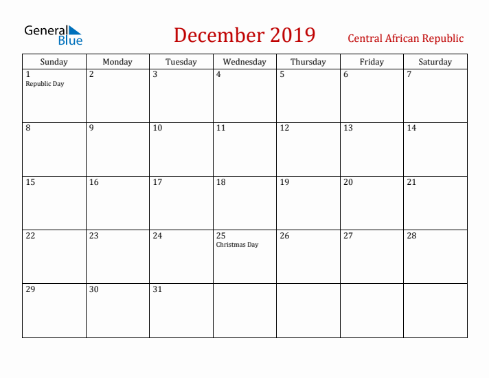 Central African Republic December 2019 Calendar - Sunday Start