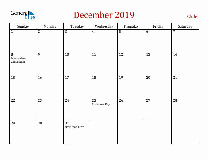 Chile December 2019 Calendar - Sunday Start