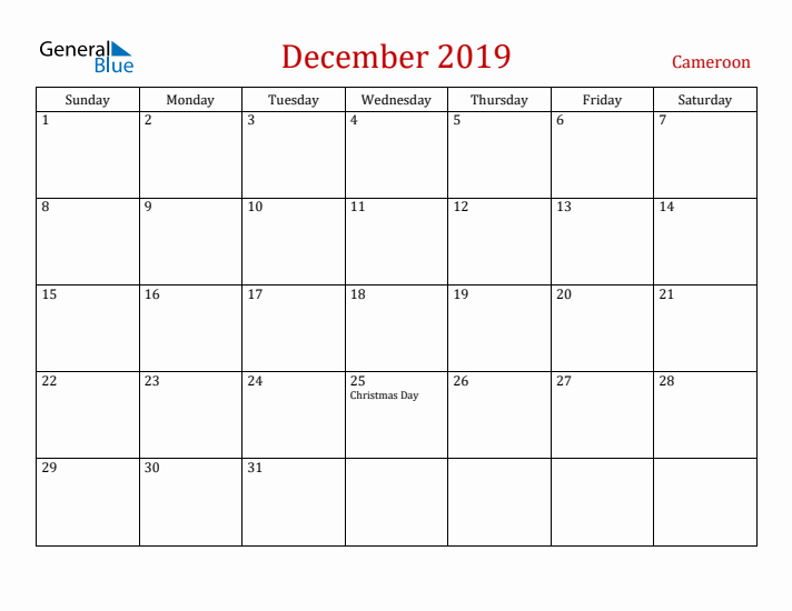 Cameroon December 2019 Calendar - Sunday Start