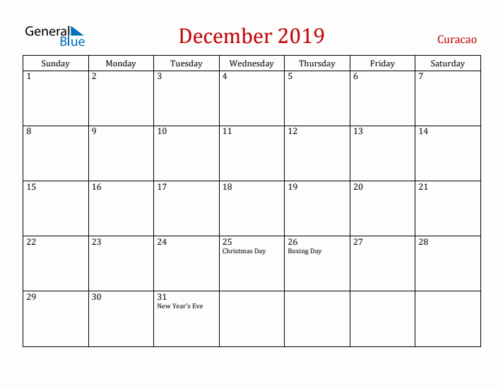 Curacao December 2019 Calendar - Sunday Start