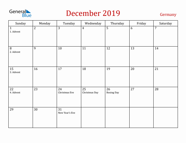 Germany December 2019 Calendar - Sunday Start