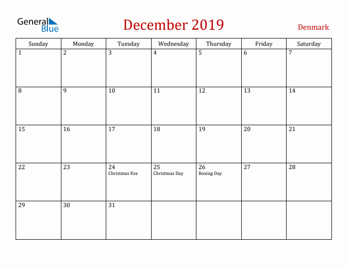 Denmark December 2019 Calendar - Sunday Start