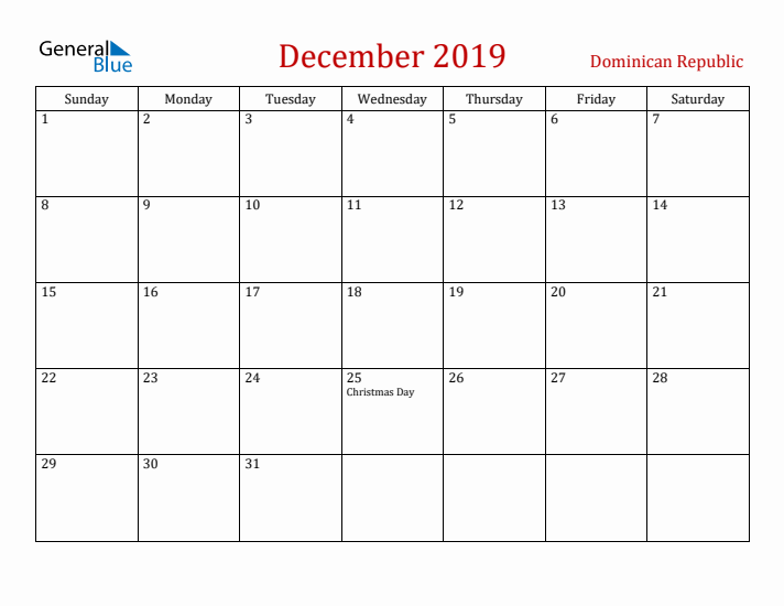 Dominican Republic December 2019 Calendar - Sunday Start