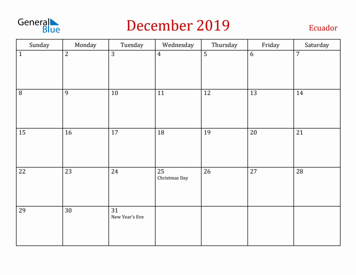 Ecuador December 2019 Calendar - Sunday Start