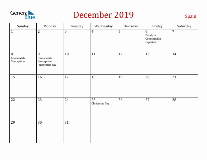 Spain December 2019 Calendar - Sunday Start