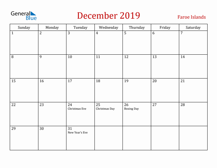 Faroe Islands December 2019 Calendar - Sunday Start