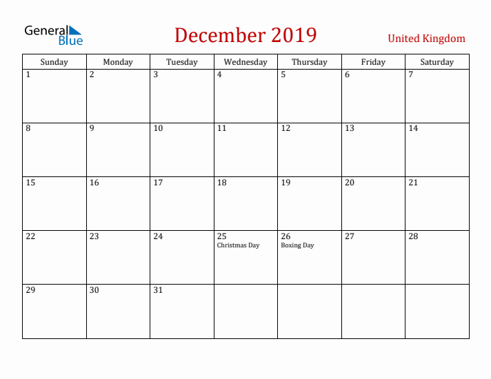 United Kingdom December 2019 Calendar - Sunday Start