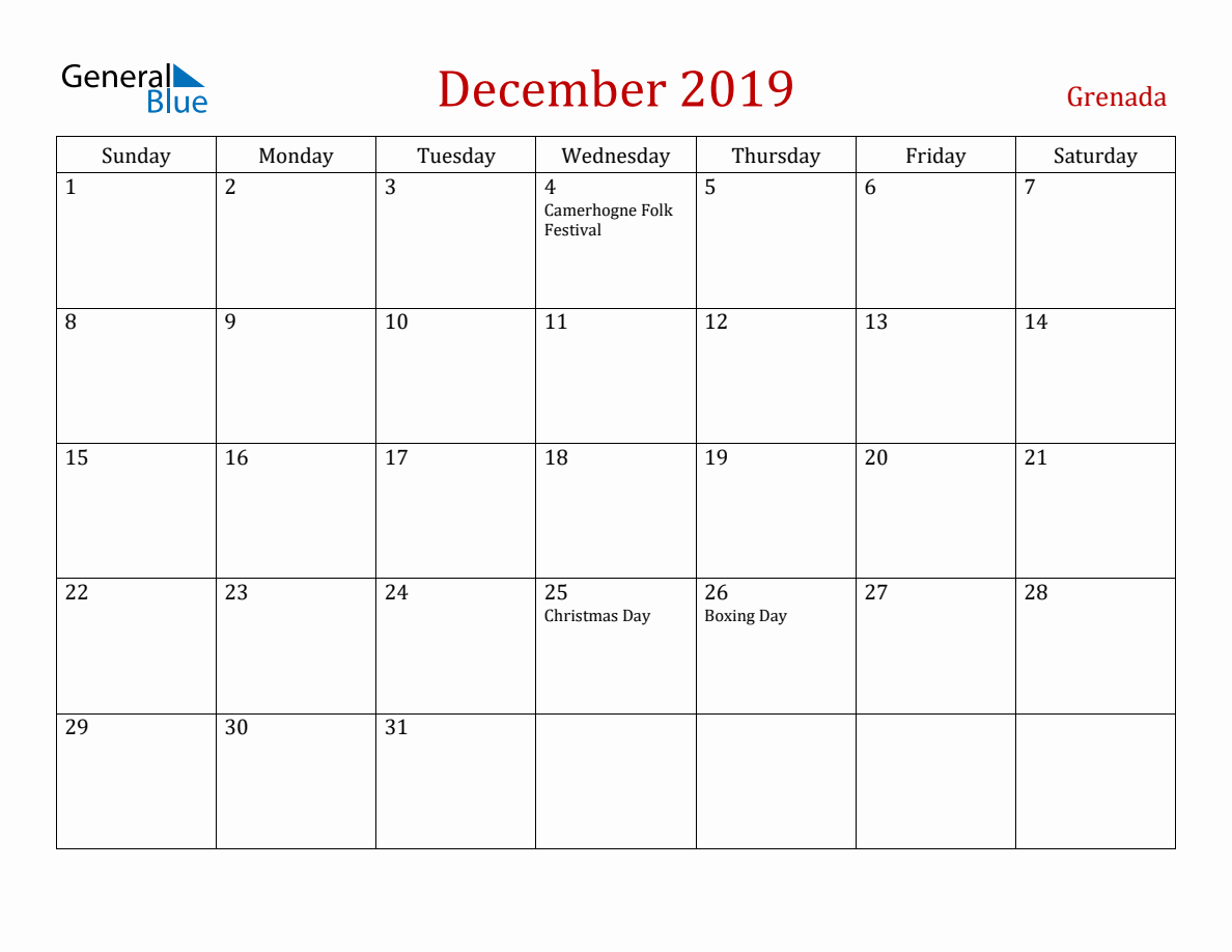 December 2019 Grenada Monthly Calendar with Holidays