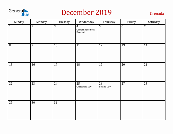 Grenada December 2019 Calendar - Sunday Start