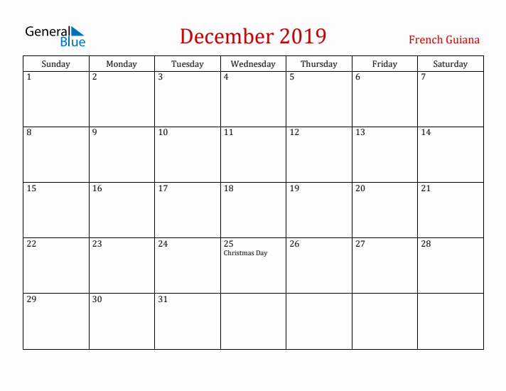 French Guiana December 2019 Calendar - Sunday Start