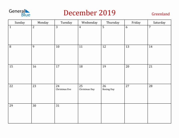 Greenland December 2019 Calendar - Sunday Start